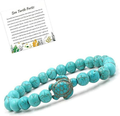 Sea Turtle Fact Natural Stones Beaded Bracelet Discover the natural beauty of the sea with this handmade Sea Turtle Bracelet. The elastic stretch cord and colorful gemstone beads bring a fun, beachy vibe to your wrist, while the engraved sea turtle charm