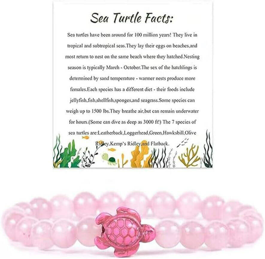 Sea Turtle Fact Natural Stones Beaded Bracelet Discover the natural beauty of the sea with this handmade Sea Turtle Bracelet. The elastic stretch cord and colorful gemstone beads bring a fun, beachy vibe to your wrist, while the engraved sea turtle charm