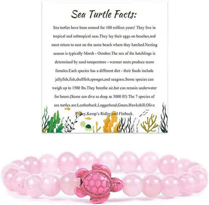 Sea Turtle Fact Natural Stones Beaded Bracelet Discover the natural beauty of the sea with this handmade Sea Turtle Bracelet. The elastic stretch cord and colorful gemstone beads bring a fun, beachy vibe to your wrist, while the engraved sea turtle charm