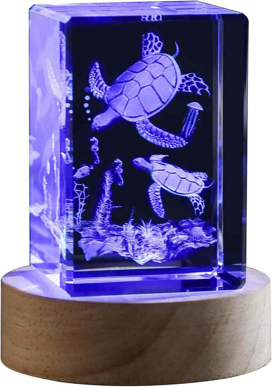 LED Crystal Turtle Night Light Catch the sea breeze with this stunning LED Crystal Turtle Night Light. The exquisite 3D turtle figurine carved inside the crystal cube glimmers in the soft glow, creating a calming ambiance. Realistic 3D laser-engraved turt