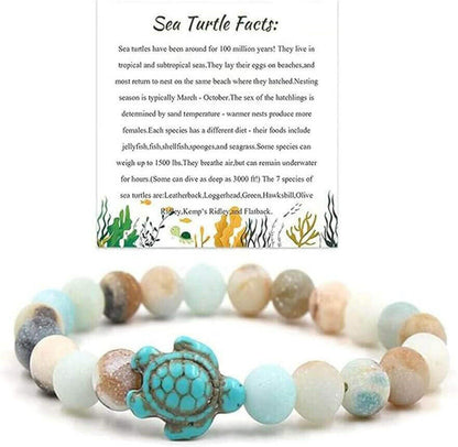 Sea Turtle Fact Natural Stones Beaded Bracelet Discover the natural beauty of the sea with this handmade Sea Turtle Bracelet. The elastic stretch cord and colorful gemstone beads bring a fun, beachy vibe to your wrist, while the engraved sea turtle charm