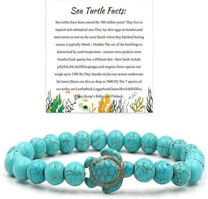 Sea Turtle Fact Natural Stones Beaded Bracelet Discover the natural beauty of the sea with this handmade Sea Turtle Bracelet. The elastic stretch cord and colorful gemstone beads bring a fun, beachy vibe to your wrist, while the engraved sea turtle charm