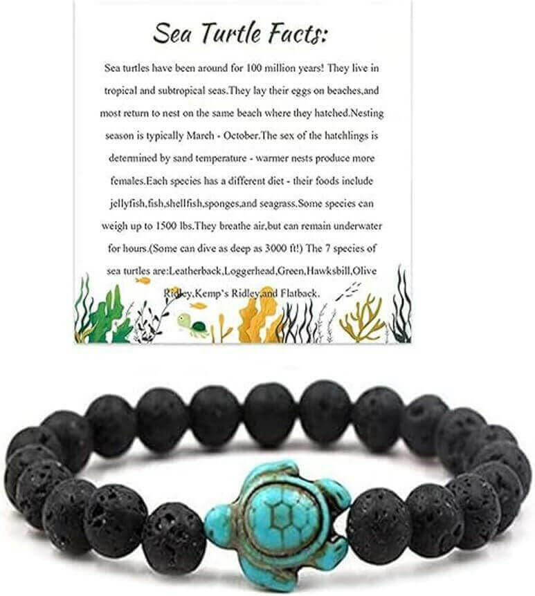 Sea Turtle Fact Natural Stones Beaded Bracelet Discover the natural beauty of the sea with this handmade Sea Turtle Bracelet. The elastic stretch cord and colorful gemstone beads bring a fun, beachy vibe to your wrist, while the engraved sea turtle charm