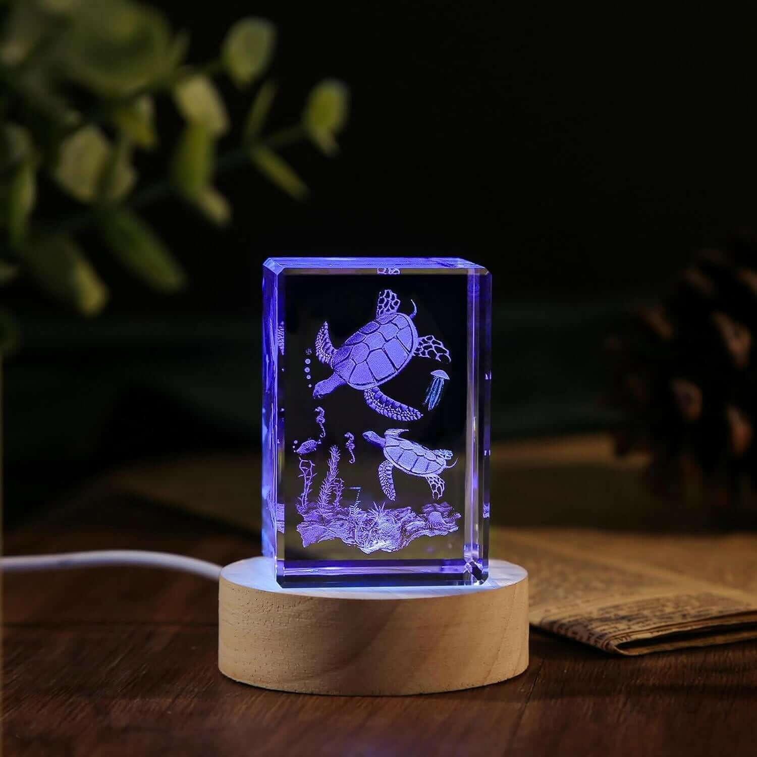 LED Crystal Turtle Night Light Catch the sea breeze with this stunning LED Crystal Turtle Night Light. The exquisite 3D turtle figurine carved inside the crystal cube glimmers in the soft glow, creating a calming ambiance. Realistic 3D laser-engraved turt