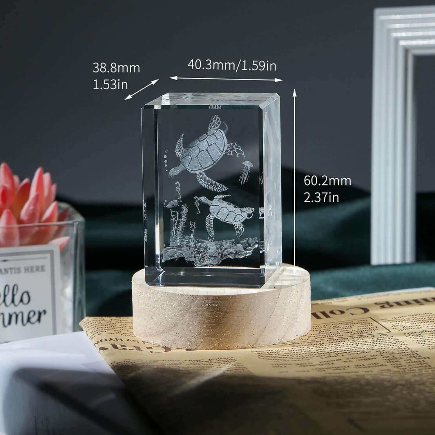 LED Crystal Turtle Night Light Catch the sea breeze with this stunning LED Crystal Turtle Night Light. The exquisite 3D turtle figurine carved inside the crystal cube glimmers in the soft glow, creating a calming ambiance. Realistic 3D laser-engraved turt