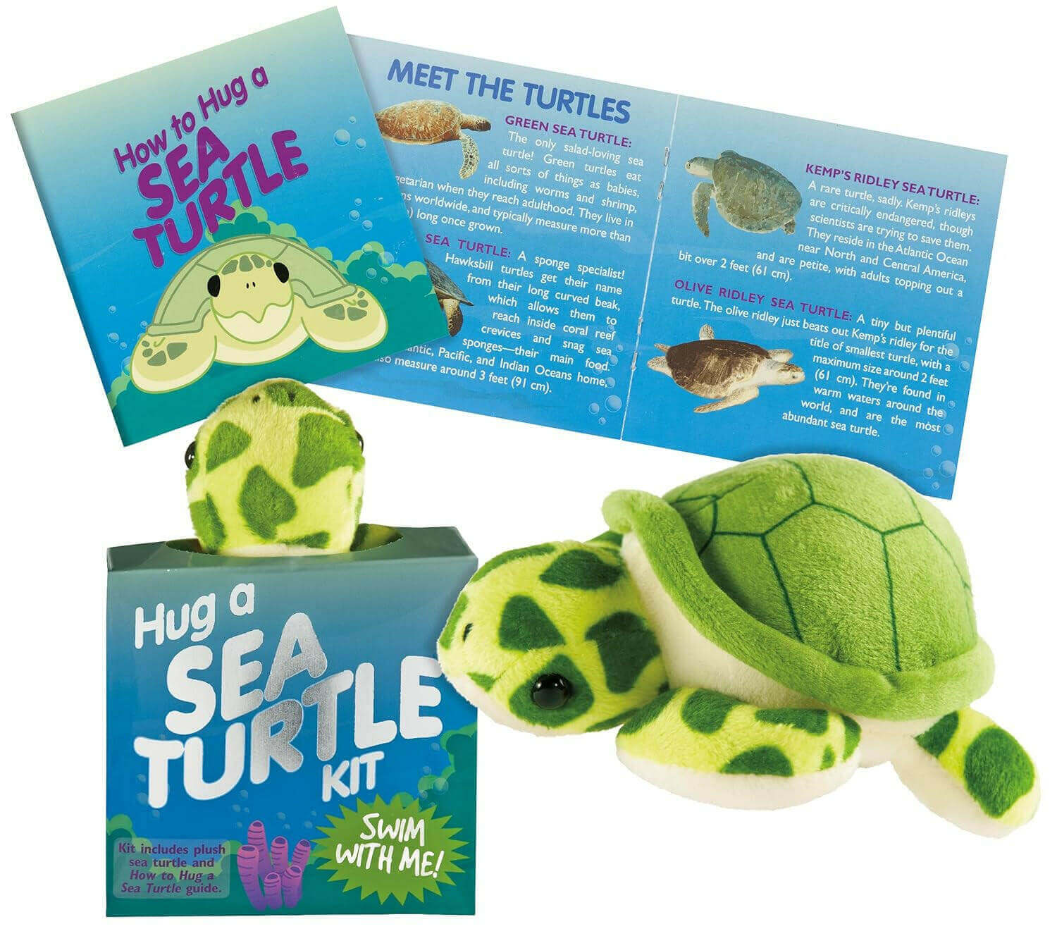 Hug a Sea Turtle Kit (Book with Plush) Sea turtles may grow up to be gentle giants, but they start out tiny -- like the bitty one in this box! Cuddle up with this mini plush sea turtle! Then open the ''How to Hug a Sea Turtle'' guide to learn about these